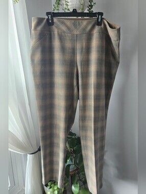 Investments Woman Plaid Dress Pants Sz 18WR Tan Brown Checked Pull On Career 18W